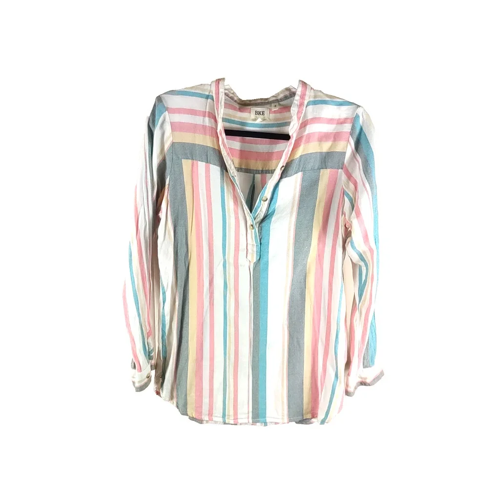 B K E Eased Women's Long Sleeve Pullover Striped Shirt Size Small Pink Blue - Picture 1 of 8